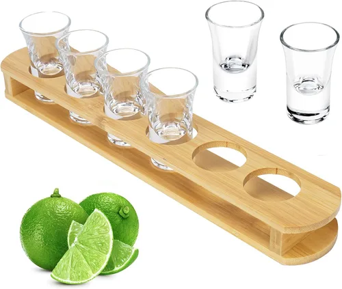 Vista 7 de D&Z Soporte de vidrio de chupito de madera de bambú con 12 vasos de chupito transparentes de 1 oz de cristal