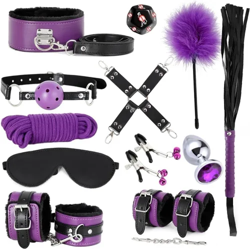 Vista 9 de Kits de Restricciones de Bondage Sexual Juguetes BDSM 12 Piezas Esposas Grilletes de Tobillo Tapón Anal Pinzas para Pezones Mordaza de Bola Venda