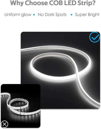 Vista 3 de COB Tira de Luces LED de 10 Pies 6000K Luz Diurna Blanca CA 110V-120V Luces de Cuerda LED Exterior Impermeable IP65 Alta Densidad 288LEDs/M Tira