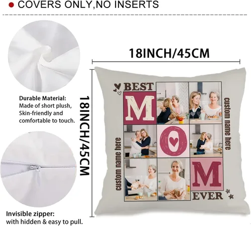 Vista 3 de Customizable Decorative Pillowcase Using 6 Photos and Message for Mom, Cozy Cushion offering a Meaningful Gift for Family Birthdays Holidays or 6