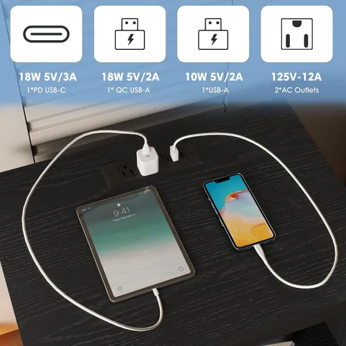 Vista 3 de Rresyet Mesita de noche de 3 cajones con estación de carga, luces LED y estante abierto, moderna mesita de noche con almacenamiento, mesita de noche