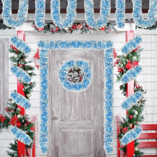 Vista 6 de Guirnalda de oropel con purpurina para árbol de Navidad de 50 pies, con punta de escarcha, decoración brillante para fiestas de Navidad, decoración
