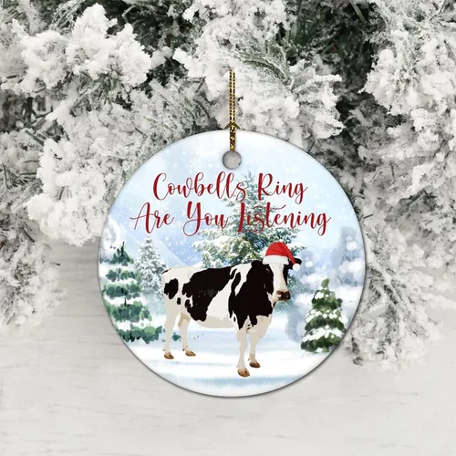 Vista 2 de Adorno redondo de cerámica de 3 pulgadas con diseño de campanillas de recuerdo de animales y vacas, colgante de árbol de nieve para adornos de árbol