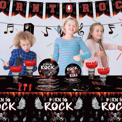 Vista 6 de Yaomiao 172 piezas de suministros de fiesta temática de rock Born to Rock, pancarta de notas musicales, guirnalda, juego de vajilla para fiesta