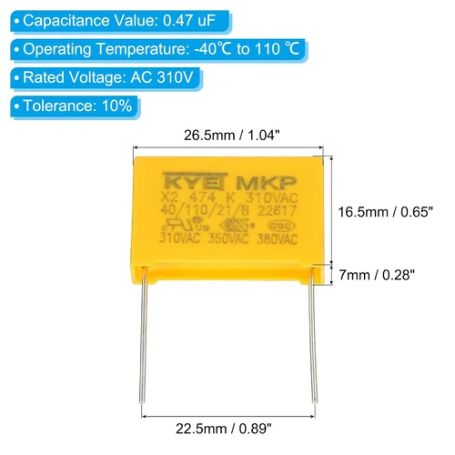 Vista 2 de PATIKIL Condensadores de seguridad, paquete de 10 unidades de 0.47uF AC 310V 0.886 in Pin Pitch 1.063x0.669x0.276 in polipropileno Film Capacitor