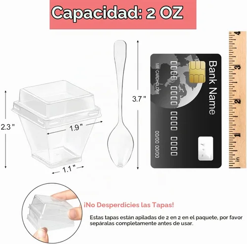 Vista 3 de Mini tazas de postre de 2 onzas con tapas y cucharas, paquete de 100 vasos de plástico para postres pequeños vasos cuadrados para servir fiestas