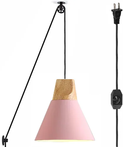 Vista 10 de Kiven Lámpara colgante de polea enchufable, luz colgante ajustable con cable de interruptor de atenuación de 15 pies, pantalla de aluminio macarón