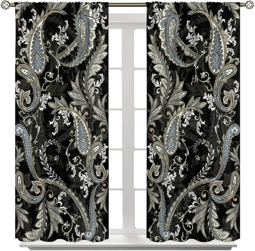 Vista 251 de Cortinas opacas con estampado de flores de cachemira, estampado de cachemira sobre fondo blanco, para decoración del hogar, cocina, restaurante