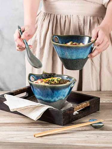 Vista 3 de Henten Home Juego de 2 cuencos de ramen de 20 onzas, cuencos de cerámica japoneses para fideos, cuencos profundos de porcelana con palillos