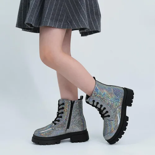 Vista 2 de starmerx Botas de tobillo para niñas, botas de combate con cordones y cremallera lateral, cómodas botas para niños