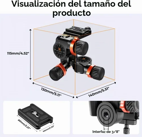 Vista 5 de K&F CONCEPT Cabezal de trípode con engranaje de 3 vías