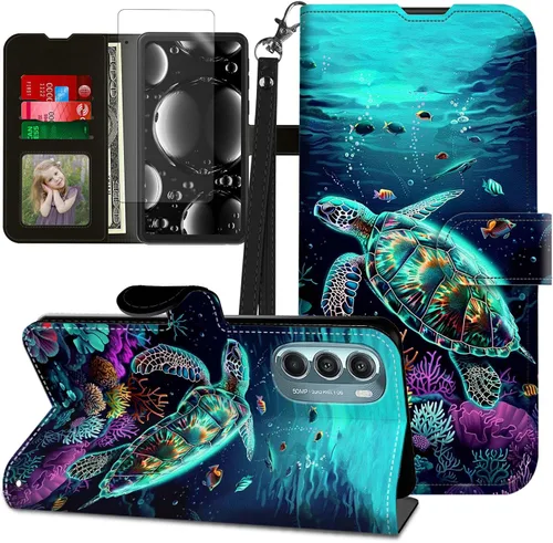 Vista 38 de Funda para Motorola Edge 2022 con protector de pantalla, soporte y tarjetero y correa para la muñeca, funda magnética para Moto Edge 2022 5G UW Lobo