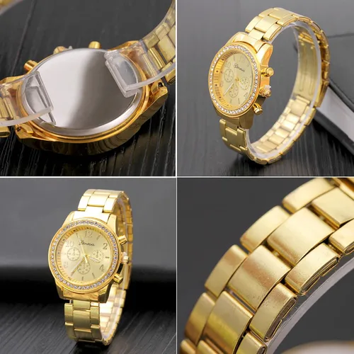 Vista 5 de JewelryWe Luxury Mens Women's Gold Dress Watch Stainless Steel Bling Rhinestones Quartz Wrist Watches