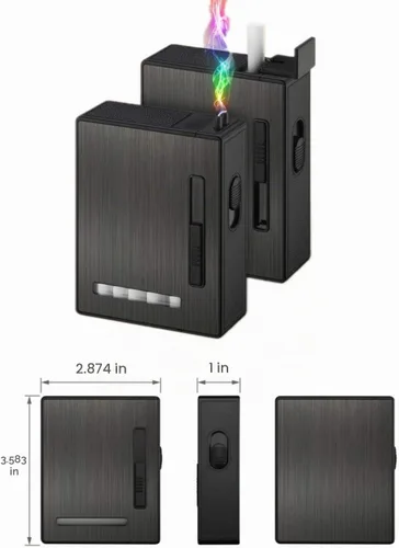Vista 4 de Estuche de cigarrillos de expulsión automática de 20 piezas con encendedor de arco eléctrico recargable, resistente al viento, sin llama, soporte