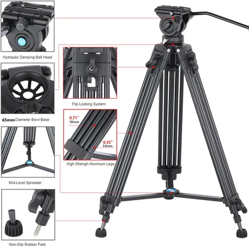 Vista 4 de Trípode de video profesional resistente de 62 pulgadas/62.2 in, aluminio Twin Tube, 360 Degree Fluid Head, Mid-Level Spreader, For DSLR Camcorder