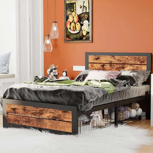 Vista 5 de Base de cama de tamaño individual con estraage, marco de cama de metal con cabecera y estribo de madera, base de cama de plataforma de metal de 14