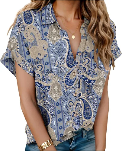 Vista 7 de HOTOUCH Camisas de Lino para Mujer con Botones Blusas de Manga Corta de Algodón Cuello en V con Cuello Tops de Gasa con Botones S-3XL
