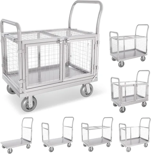 Vista 8 de Carrito de Plataforma con Jaula, Multiusos 6 en 1 Plegable Carrito de Plataforma Plana Carrito de Empuje Resistente Diablito con Ruedas Giratorias