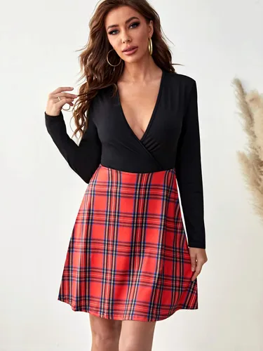 Vista 2 de JECEIKA Vestido acampanado de manga larga con cuello en V para mujer