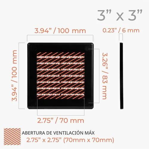 Vista 2 de Paquete de 2 cubiertas cuadradas de ventilación de aire de 4" x 4" (tamaño exterior) - Deflector de ventilación de plástico negro - Malla