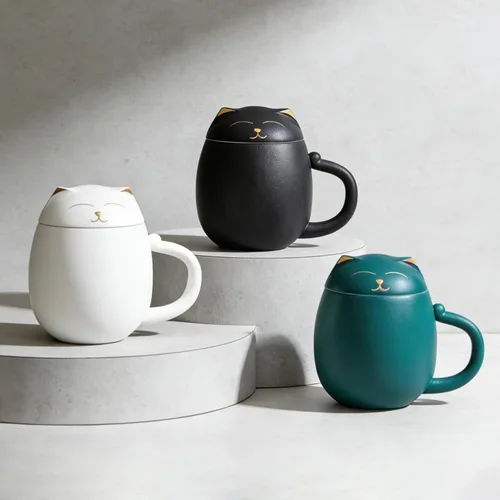 Vista 9 de HEER Taza de té para gatos con infusor y tapa, taza de té de cerámica de 13.5 onzas, regalo para amantes de los gatos para amigos y familia (negro)