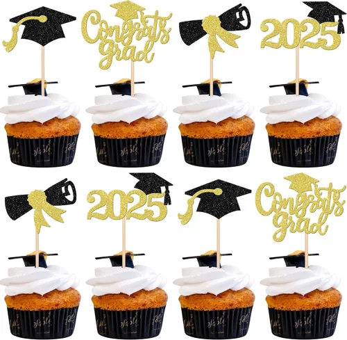 Vista 13 de 24 piezas 2026 temáticas de graduación 2026 decoraciones para cupcakes con purpurina clase de 2026 Diploma Congrats 2026 Tapa de graduación