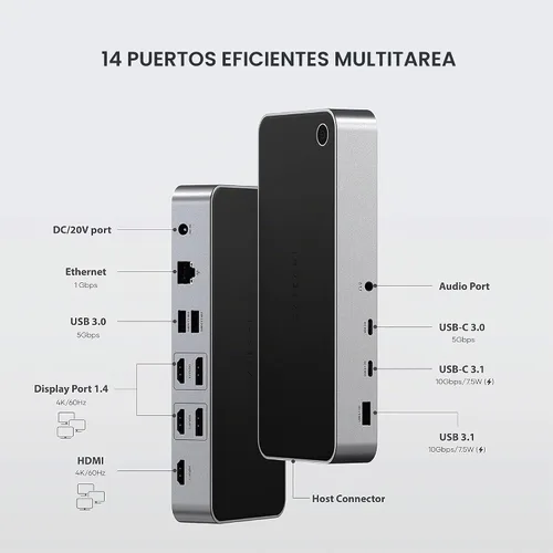 Vista 2 de Satechi Estación de acoplamiento triple USB-C 4K 13 en 1, carga de 100 W