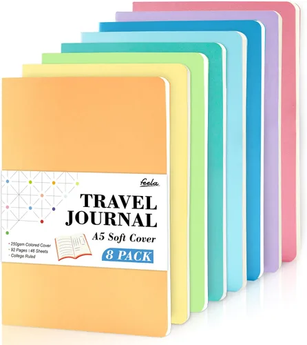 Vista 12 de Feela - Paquete de 8 cuadernos de tapa blanda en masa, cuadernos universitarios rayados para el trabajo, cuaderno de viaje rayado para mujeres