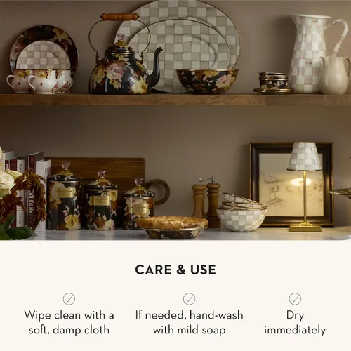 Vista 5 de MACKENZIE-CHILDS Bote de Esmalte, Contenedor de Almacenamiento de Cocina con Tapa, Grande, Wild Rose Brown Hand-applied design, made from enameled