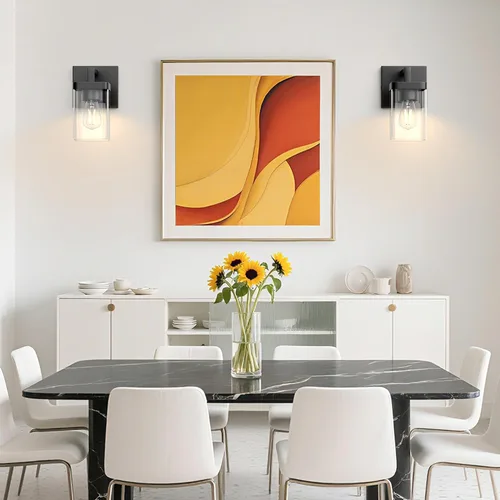 Vista 7 de Juego de 2 apliques de pared, diseño cuadrado, accesorios de iluminación de baño con pantalla de vidrio transparente, luces de pared negras mate