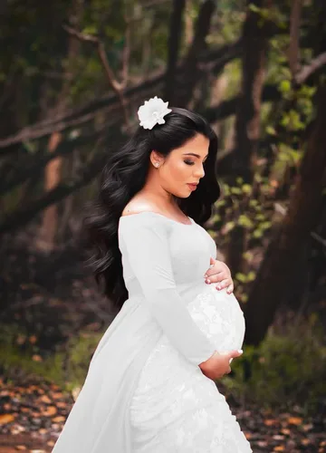 Vista 5 de ZIUMUDY Vestido de maternidad para sesión de fotos de manga larga con hombros descubiertos vestido de encaje ajustado con capa larga de gasa trian