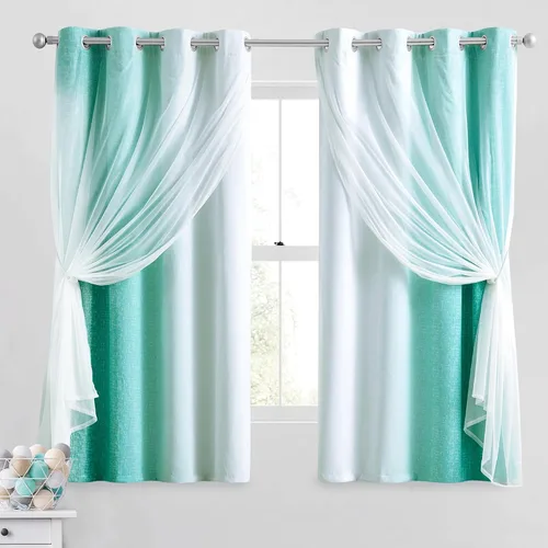 Vista 15 de Cortinas 100% opacas con superposición de gasa Mix and Match de doble capa, 54 pulgadas de largo, 2 paneles para dormitorio y sala de estar, azul
