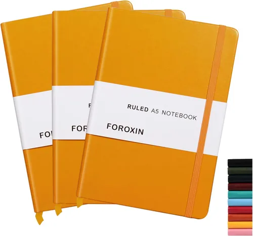 Vista 7 de Cuaderno rayado de tapa dura, tamaño A5, con forro de 8.3 x 5.7 pulgadas, papel grueso premium de 80 gsm (100 hojas/200 páginas). Tapa dura de piel