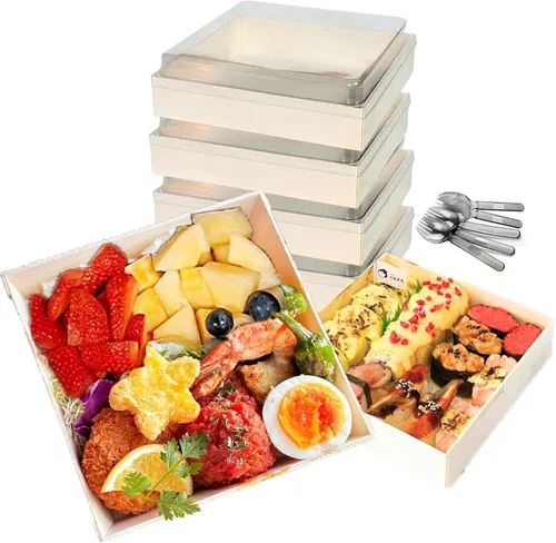 Vista 9 de Contenedores desechables de madera Bento To Go para comida, 25 piezas, cajas Bento asiáticas de madera para llevar con tapas, caja de panadería a