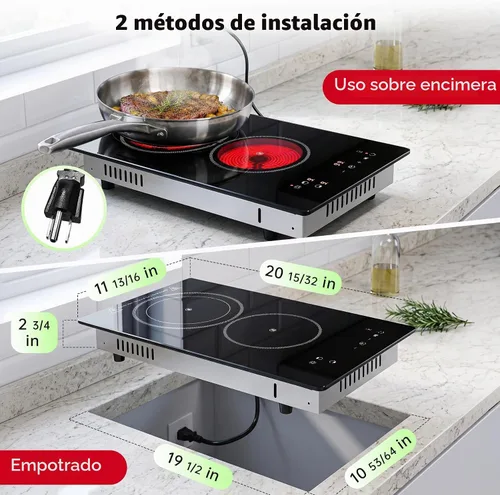 Vista 3 de SNDOAS Placa eléctrica de 2 quemadores 1800W, empotrada/encimera 2 en 1