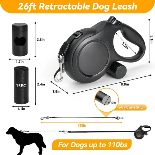 Vista 6 de Correa retráctil mejorada para perros con cable a prueba de mordidas, correa resistente de 26 pies para perros grandes de hasta 110 libras, sin