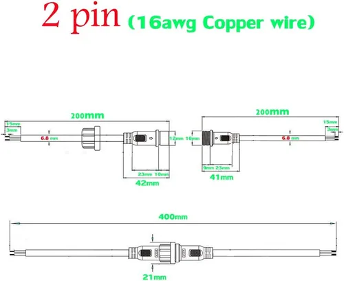 Vista 3 de Conector impermeable de 2 cables, conector LED macho hembra de 16 AWG de 2 pines con cable de extensión IP65, 7.9 in para automóvil, tira de luces