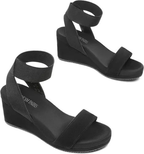 Vista 4 de Dream Pairs - Sandalias de cuña con plataforma y puntera abierta y correa elástica para mujer, Negro5