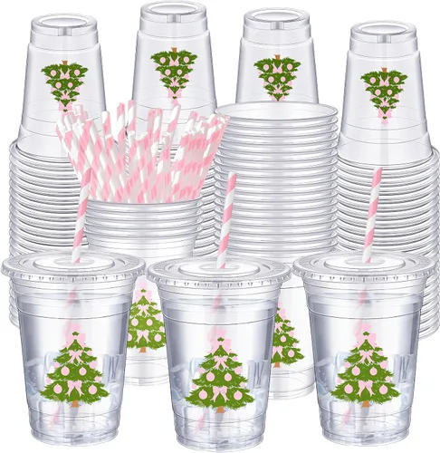 Vista 7 de Sliner - 50 vasos de plástico desechables de 16 onzas con pajilla, lazo