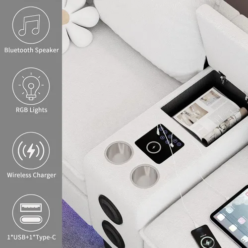 Vista 4 de Sofás seccionales para sala de estar, sofá modular de 4 asientos con módulo inteligente, altavoz Bluetooth, luz RGB, estación de carga, sofá de nube