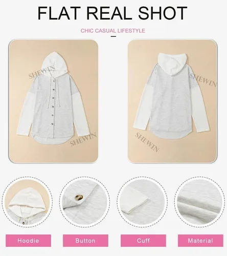 Vista 5 de SHEWIN Sudaderas con capucha de gran tamaño para mujer, casual, de manga larga, con cordón y botones, con bolsillo