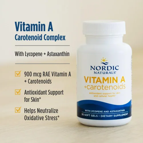 Vista 3 de Nordic Naturals Vitamina A + carotenoides, sin sabor, 30 geles blandos, licopeno y astaxantina, apoya la piel, la salud celular, sin OMG, 30