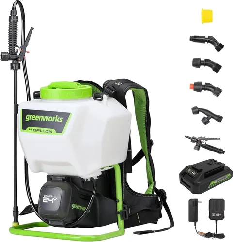 Vista 9 de Greenworks Rociador inalámbrico de mochila de 24 V (4 galones, 5 puntas, espray de 25 pies), para deshierbe, pulverización y limpieza, solo