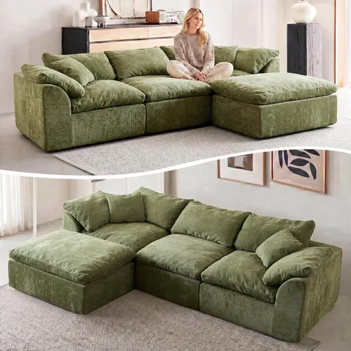 Vista 12 de Sofás modernos de nube de 109 pulgadas para sala de estar, sofá convertible en forma de L de asiento profundo sin huesos con otomana, sofá cómodo