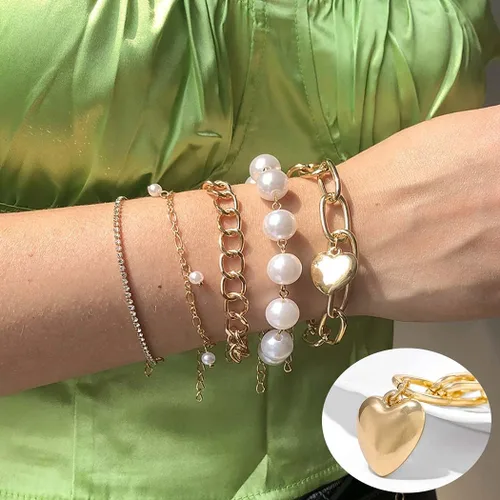Vista 2 de Zeelina Pulsera de gargantilla de diamantes de imitación con cadena de clip de perlas doradas apilable ajustable conjunto de joyería de moda