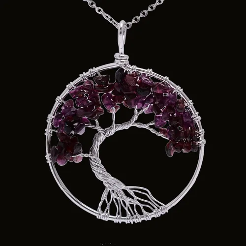 Vista 5 de sedmart Collar con colgante de árbol de la vida con cristal de amatista y rosa