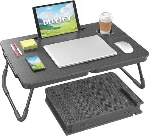 Vista 8 de BUYIFY Mesa de cama plegable de 23.4 pulgadas con bandeja portavasos
