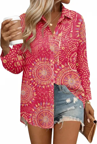 Vista 15 de HOTOUCH Camisas de manga larga con botones para mujer, blusas de lino y algodón, casuales, con cuello holgado, de gasa con bolsillo