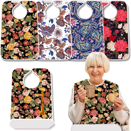 Vista 8 de Paquete de 4 baberos de tela de rizo para adultos con atrapamigajas, baberos para adultos lavables y ajustables, unisex, para hombres, mujeres
