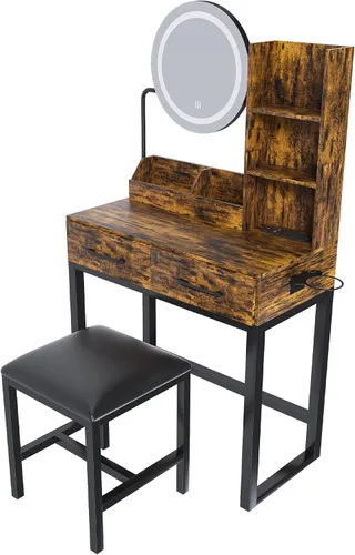 Vista 9 de Escritorio de tocador pequeño con espejo y luces LED, escritorio compacto con 3 modos de iluminación y toma de corriente, tocador para espacios